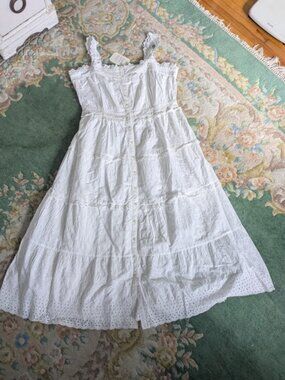 NEW GAP DÔEN Women Sz L Dress White Eyelet Midi Square Neck Lined Pockets
